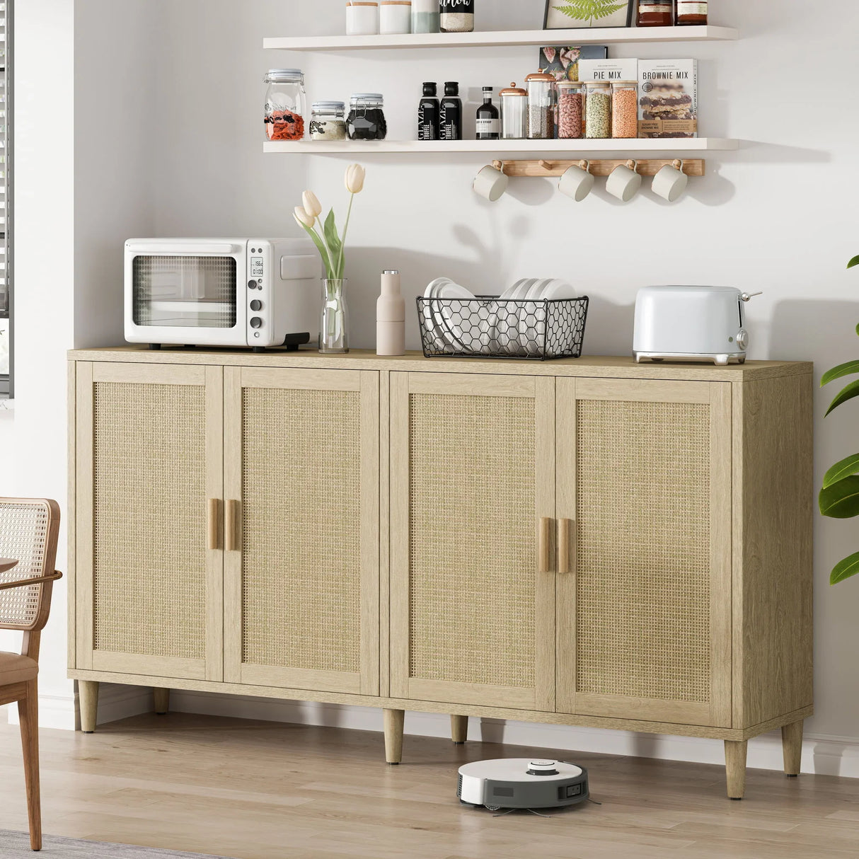 Rattan Buffet Cabinet With Storage, 4 Door Sideboard, Adjustable Shelves - Natural - Furniture Home Direct