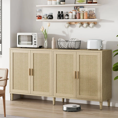 Rattan Buffet Cabinet With Storage, 4 Door Sideboard, Adjustable Shelves - Natural - Furniture Home Direct