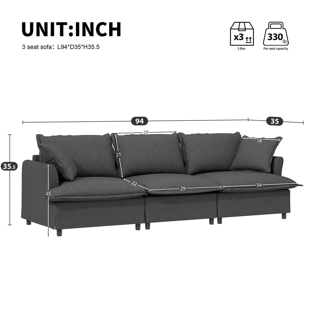 3 Seat Sofa Module For Modular Sectional Wide Seat Cloud Couch With Throw Pillows Upholstered - Furniture Home Direct