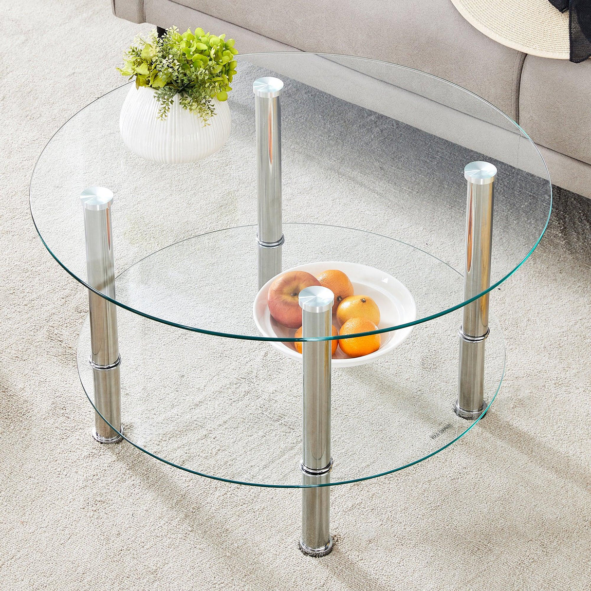 Coffee Table Two Tier Glass Top Polished Metal Legs Silver - Furniture Home Direct