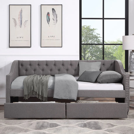 Twin Size Upholstered Daybed With Two Drawers, Slat Support - Gray - Furniture Home Direct
