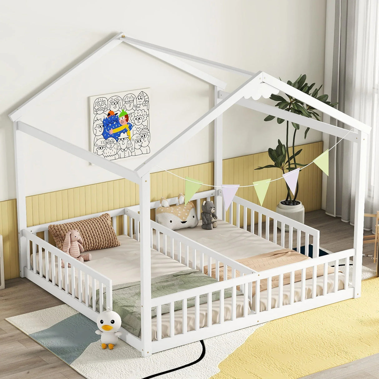 Double Twin House-Style Floor Bed With Fence, Guardrails, Without Door - Furniture Home Direct