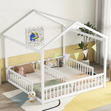 Double Twin House-Style Floor Bed With Fence, Guardrails, Without Door - Furniture Home Direct
