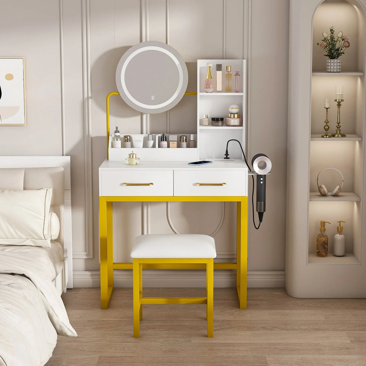 Makeup Vanity Table With LED Lights, 3 Color Options, Power Outlet - Furniture Home Direct