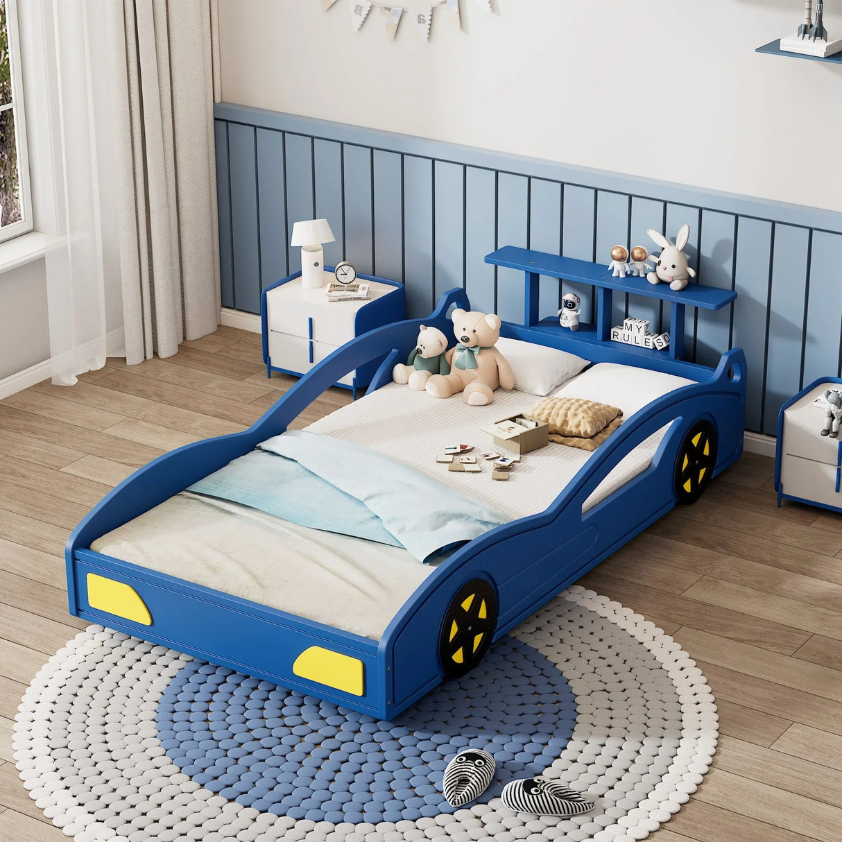 Wooden Race Car Bed, Car Shaped Platform Twin Bed With Wheels For Teens - Furniture Home Direct