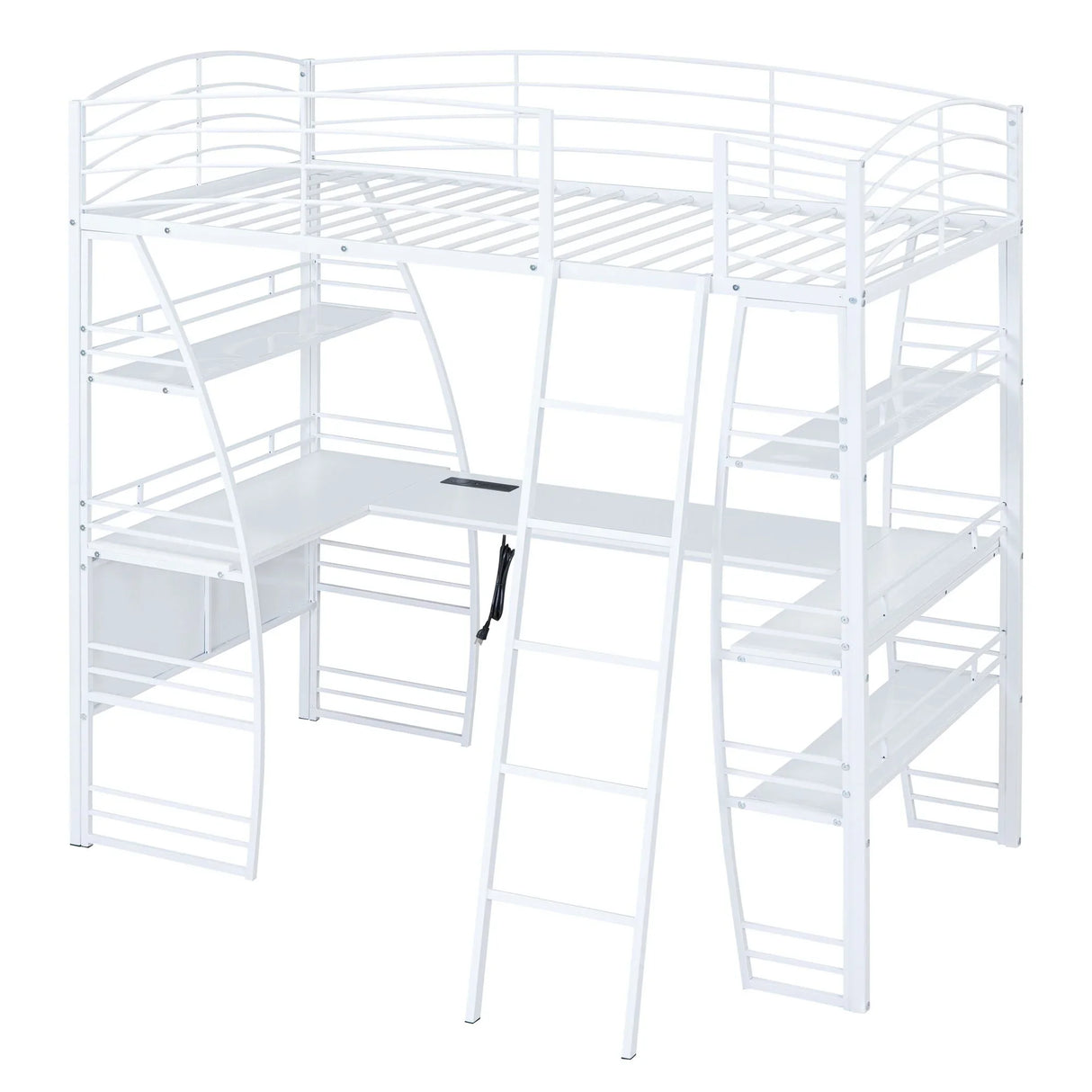 Loft Bed With 4 Layers Of Shelves And L-Shaped Desk, Stylish Metal Frame Bed With A Set Of Sockets, USB Ports And And Wireless Charging - Furniture Home Direct
