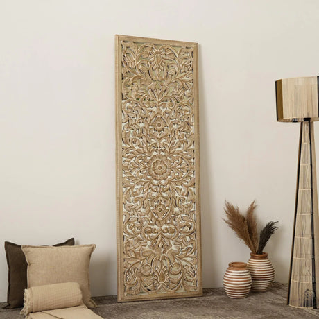 Floral Hand Carved Mandala Rectangle Wall Decor With Mirror - Antique Brown / White - Furniture Home Direct