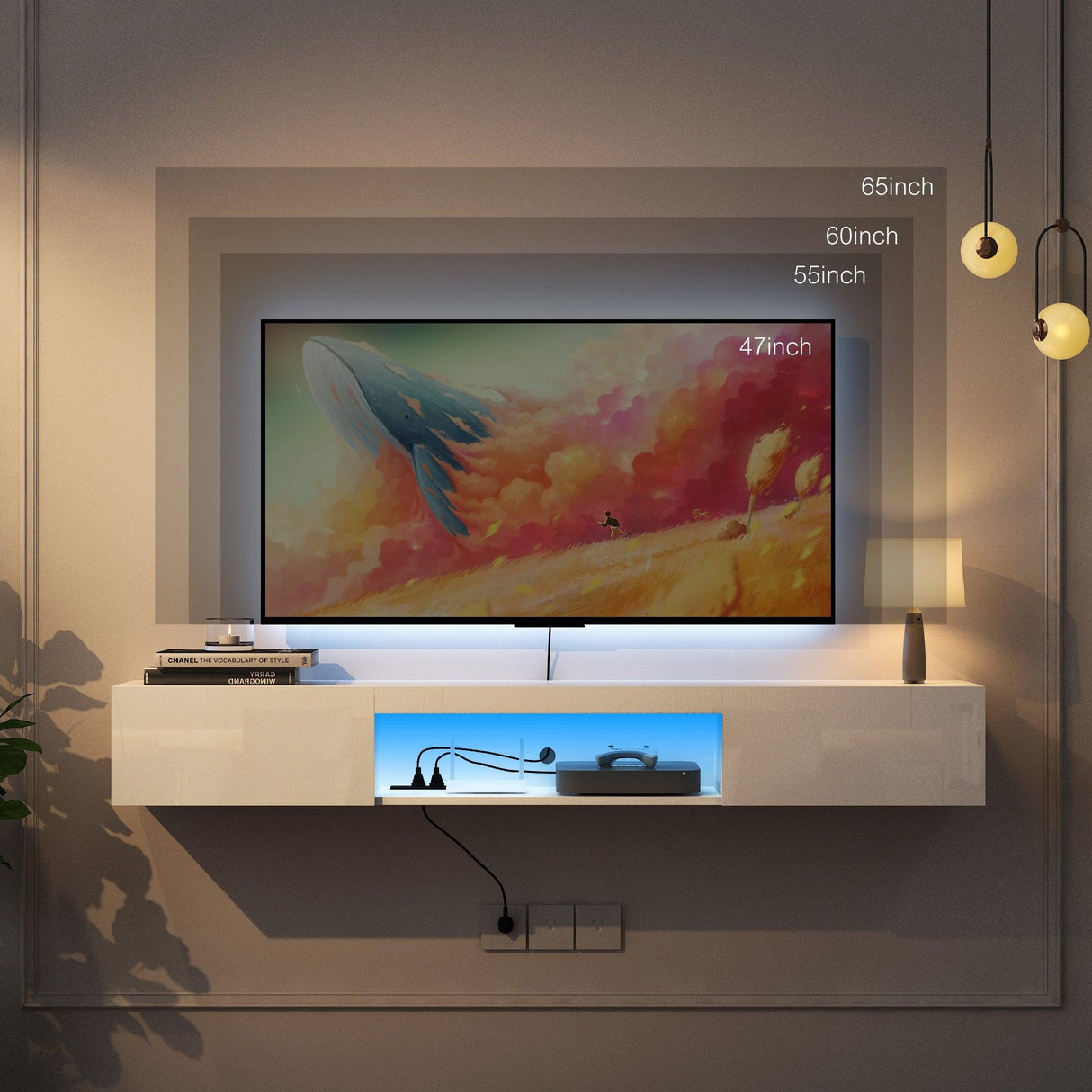 Wall Mounted TV Stand 63 Inch LED Illuminated White - Furniture Home Direct