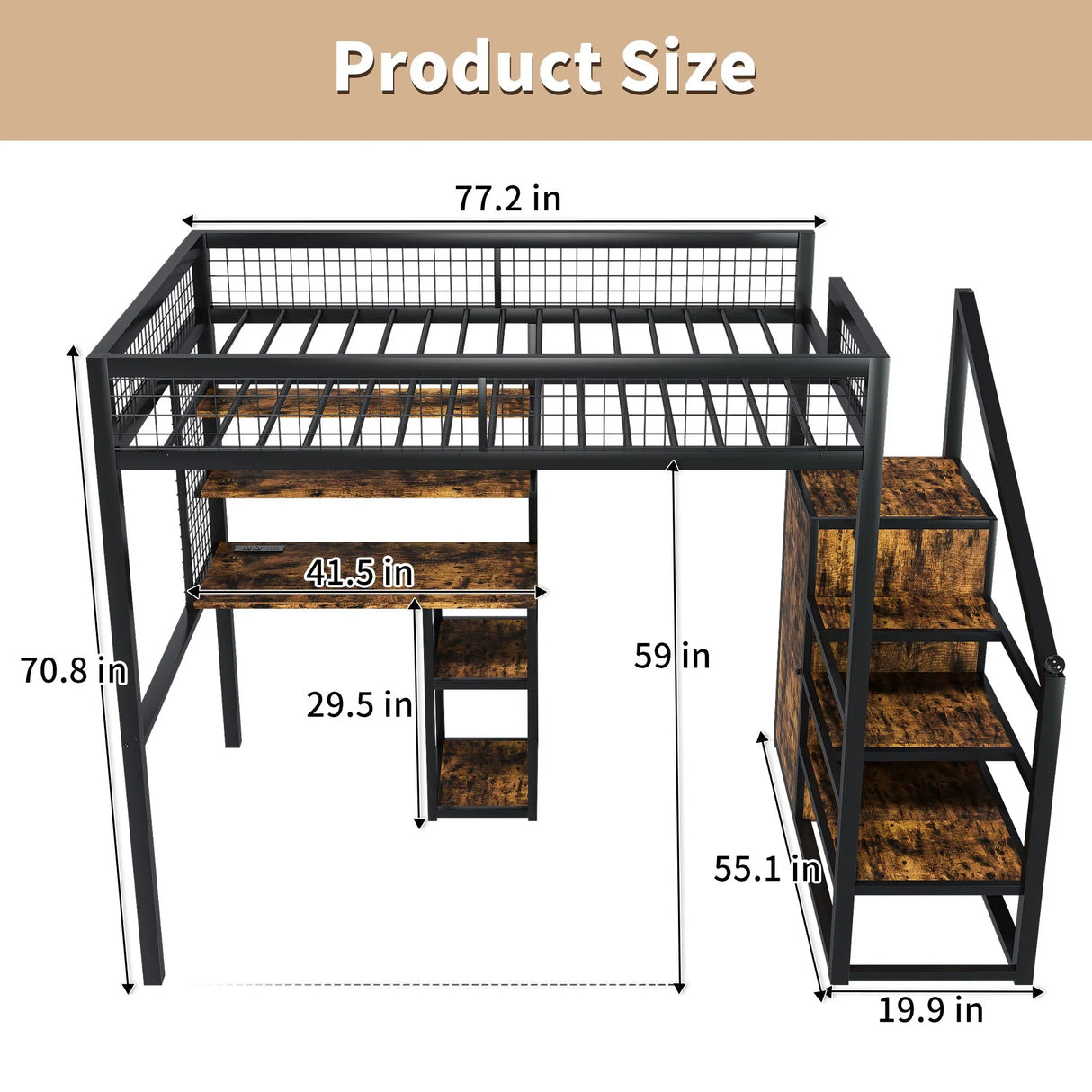 Full Size Loft Bed With Desk & Wardrobe Heavy Frame, Built In Staircase, Storage Rack & Shelves Gaming Bed - Black - Furniture Home Direct