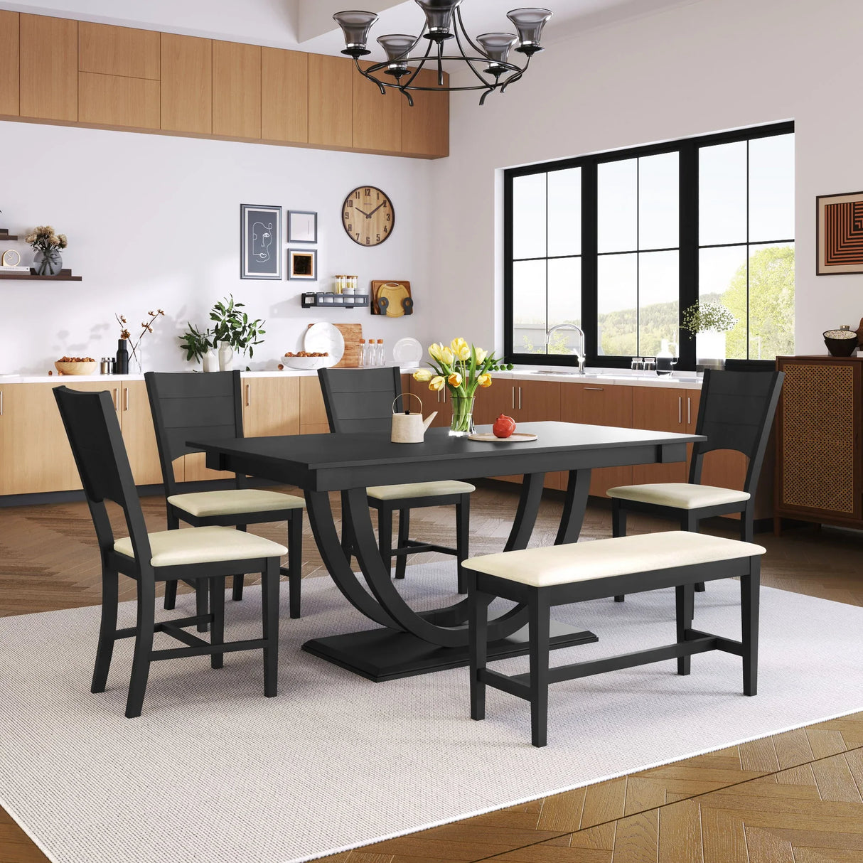 Topmax - 6 Piece Wood Half Round Dining Table Set Kitchen Table Set With Long Bench And 4 Dining Chairs, Modern Style - Furniture Home Direct