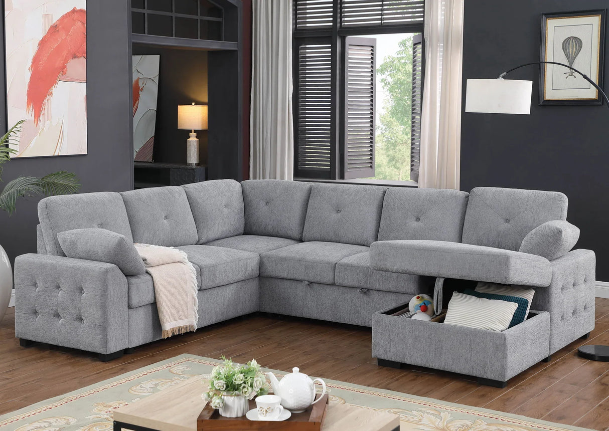 Nyhan - Upholstered Corner Sectional With Pull Out Loveseat And Storaged Chaise - Light Gray - Furniture Home Direct