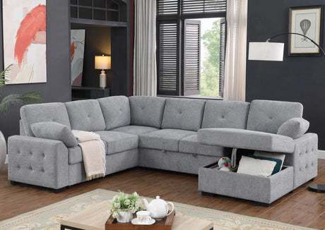 Nyhan - Upholstered Corner Sectional With Pull Out Loveseat And Storaged Chaise - Light Gray - Furniture Home Direct