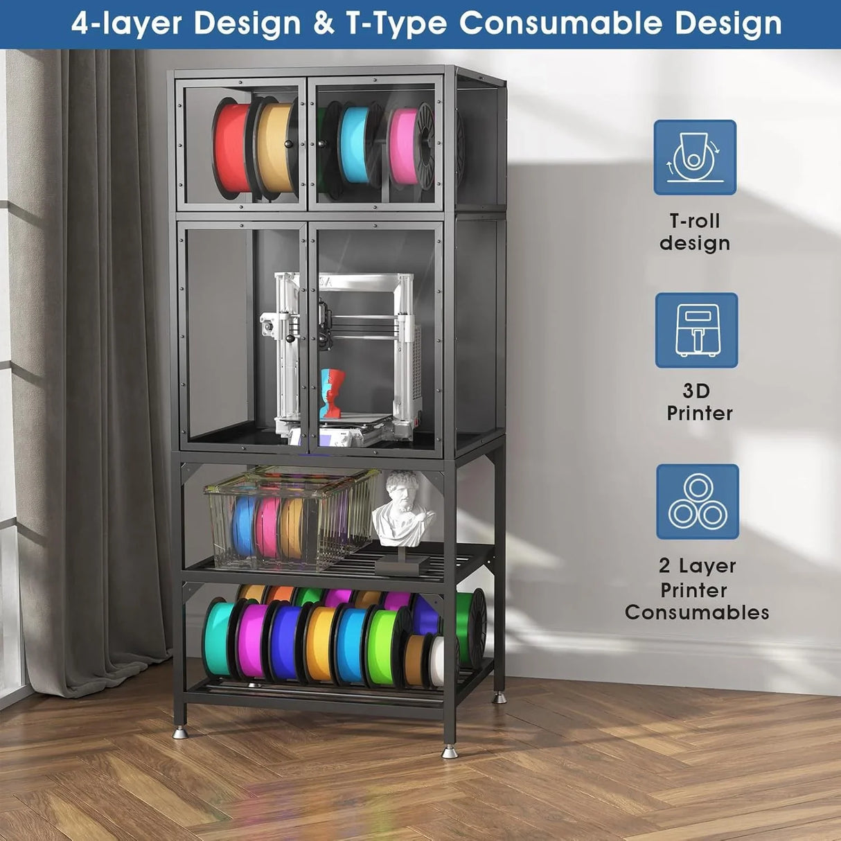 3D Printer Cabinet With Double Layer Filament Storage, Noise Reducing Design - Black - Furniture Home Direct
