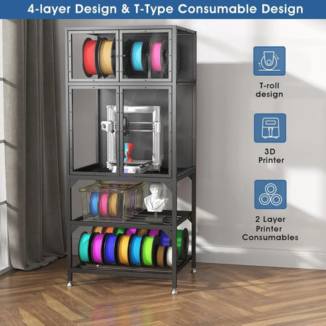 3D Printer Cabinet With Double Layer Filament Storage, Noise Reducing Design - Black - Furniture Home Direct