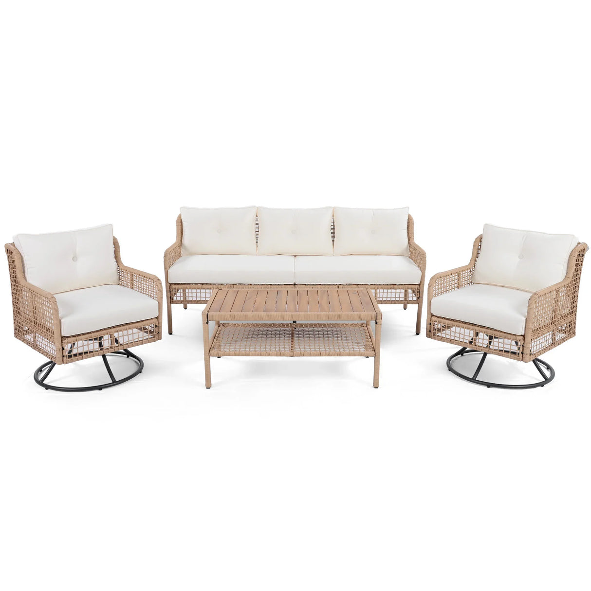 4 Piece Outdoor Patio Set with Swivel Chairs - Beige - Furniture Home Direct