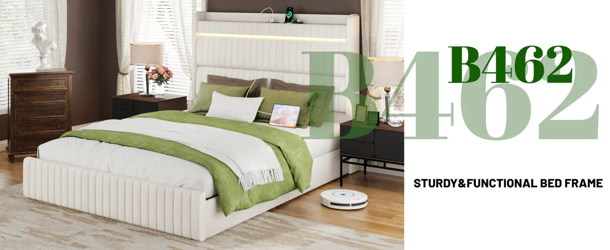 Queen Bed Upholstered With LED Lighting Headboard Beige - Furniture Home Direct