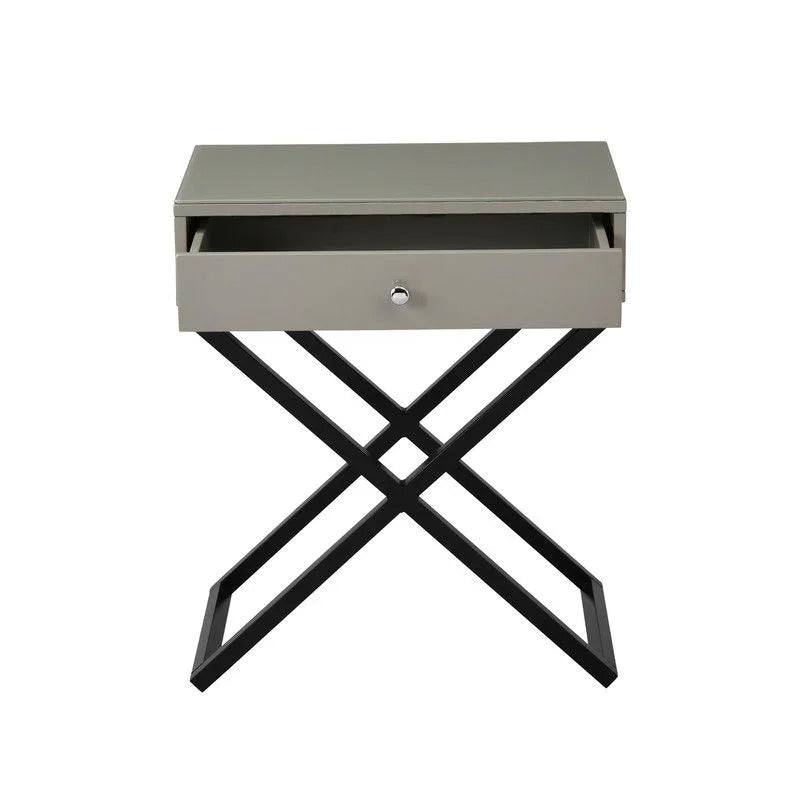 Koda - Wooden End Side Table Nightstand With Glass Top, Drawer And Metal Cross Base - Furniture Home Direct