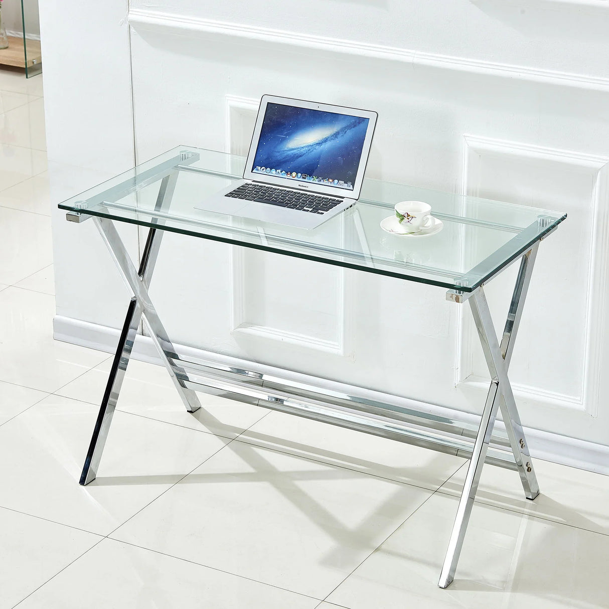 Transparent Glass Computer Desk With Rounded Edges, Tempered Glass Laptop Table - Clear - Furniture Home Direct