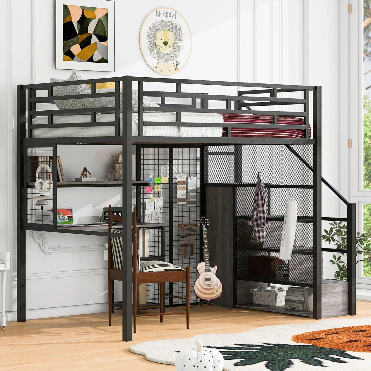 Metal Loft Bed With Wardrobe, Desk, Storage Shelves - Furniture Home Direct
