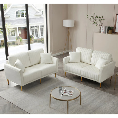 2 PC Velvet Living Room Set Including 2 Love Seats with Four Throw Pillows and Metal legs - Off White - Furniture Home Direct