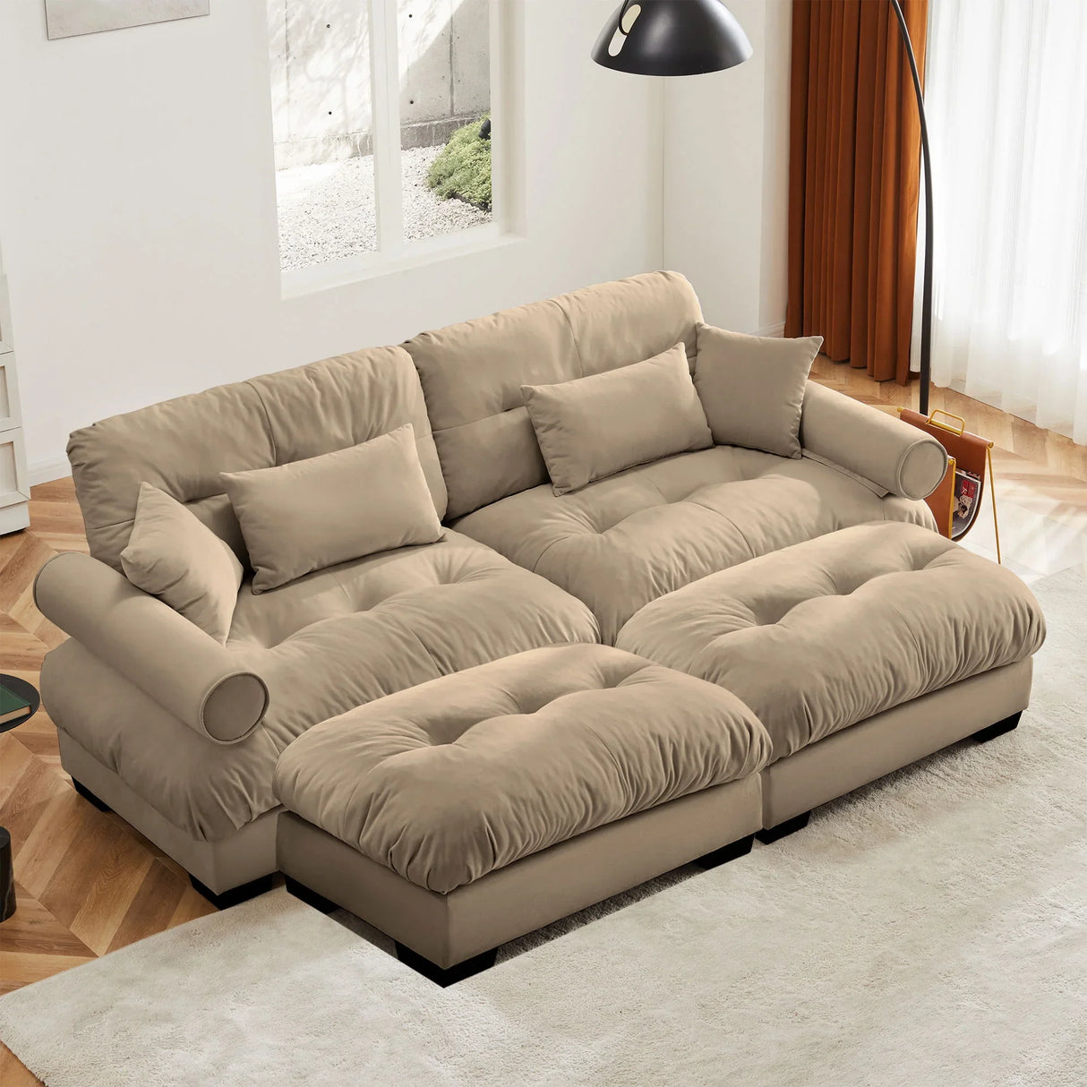 Modern Sectional Sofa With Ottoman, Round Bolster Armrests, Waist And Throw Pillows - Furniture Home Direct