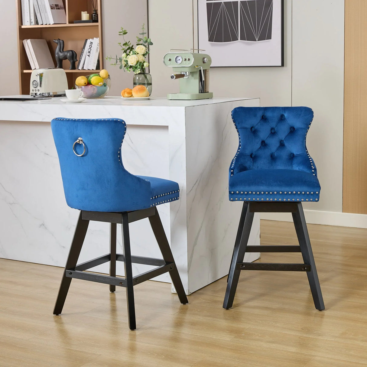 Bar Stools Swivel Velvet Tufted Nailhead Trim Set of 2 Blue - Furniture Home Direct