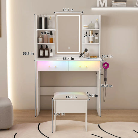 Vanity Desk With LED Lights Mirror, Power Outlet, Storage Drawers & Chair - White - Furniture Home Direct