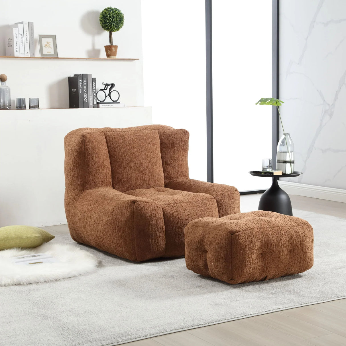 Modern Indoor Fluffy Bean Bag Chair With Memory Foam And Ottoman, Super Soft - Furniture Home Direct