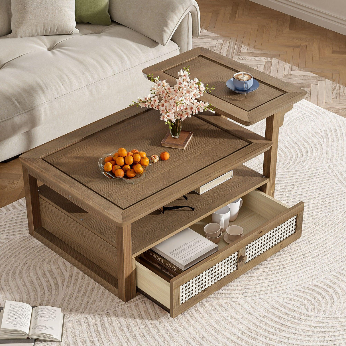 Coffee Table With 1 Storage Shelf, 2 Tabletops And 1 Rattan Drawer - Furniture Home Direct
