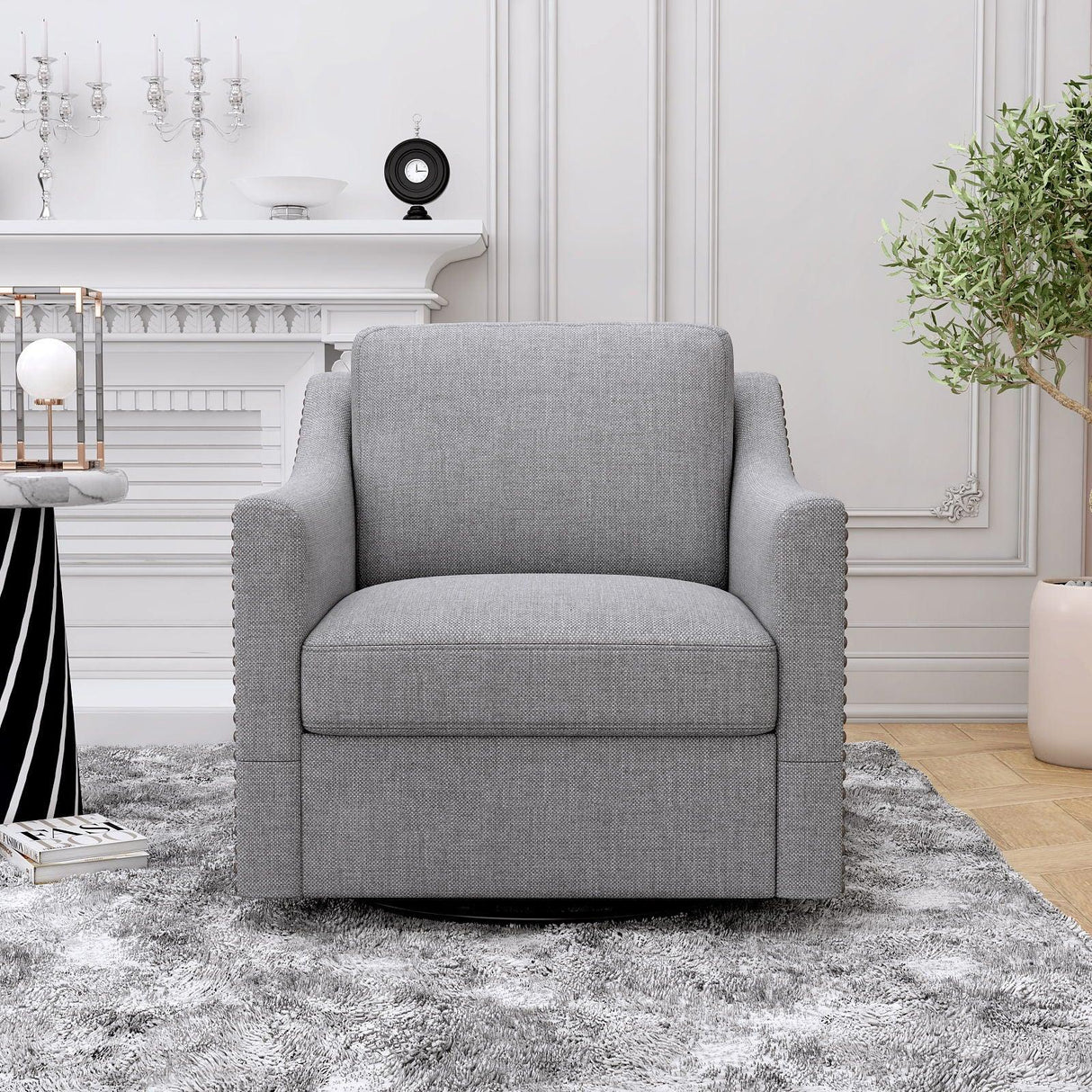360 Degree Swivel Armchair, Skin Friendly Fabric, Ergonomic Design, Brass Nail Decorative Armchair - Furniture Home Direct
