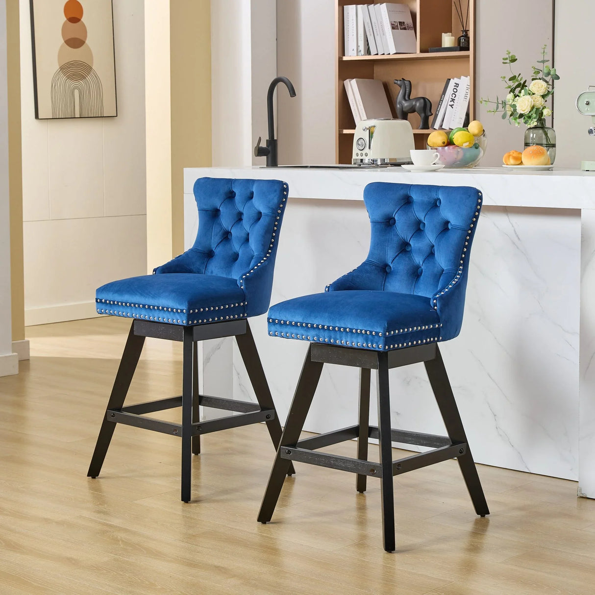Bar Stools Swivel Velvet Tufted Nailhead Trim Set of 2 Blue - Furniture Home Direct