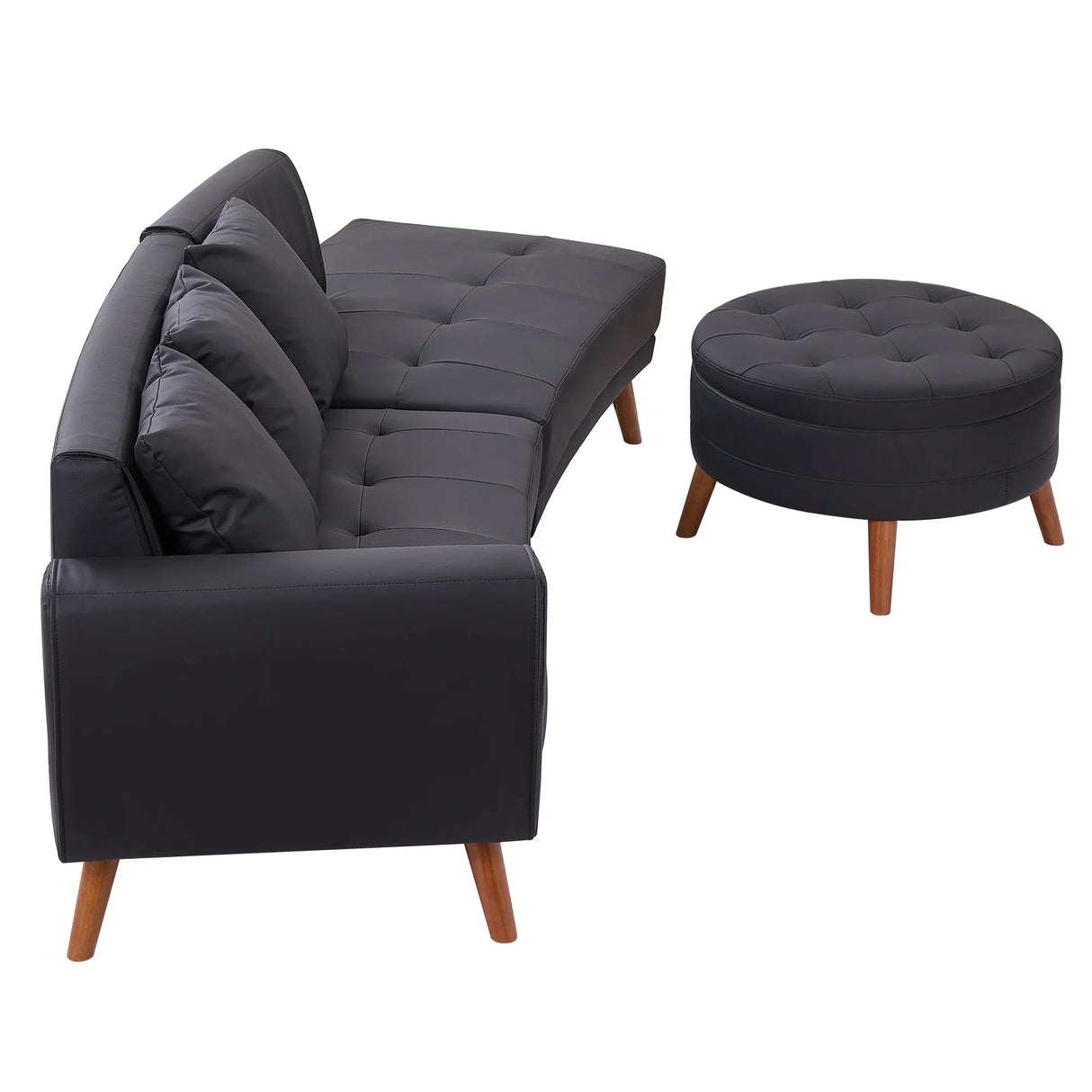 107 Inch Black Sectional With Round Storage Ottoman - Furniture Home Direct