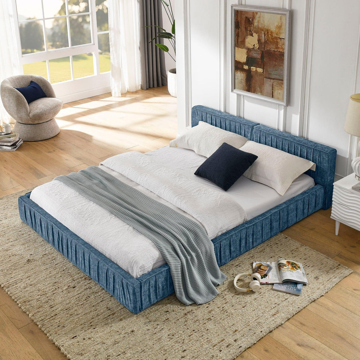 Modern Upholstered Platform Bed Frame With Pleated Design - Furniture Home Direct