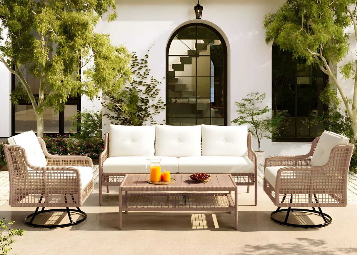 4 Piece Outdoor Patio Set with Swivel Chairs - Beige - Furniture Home Direct
