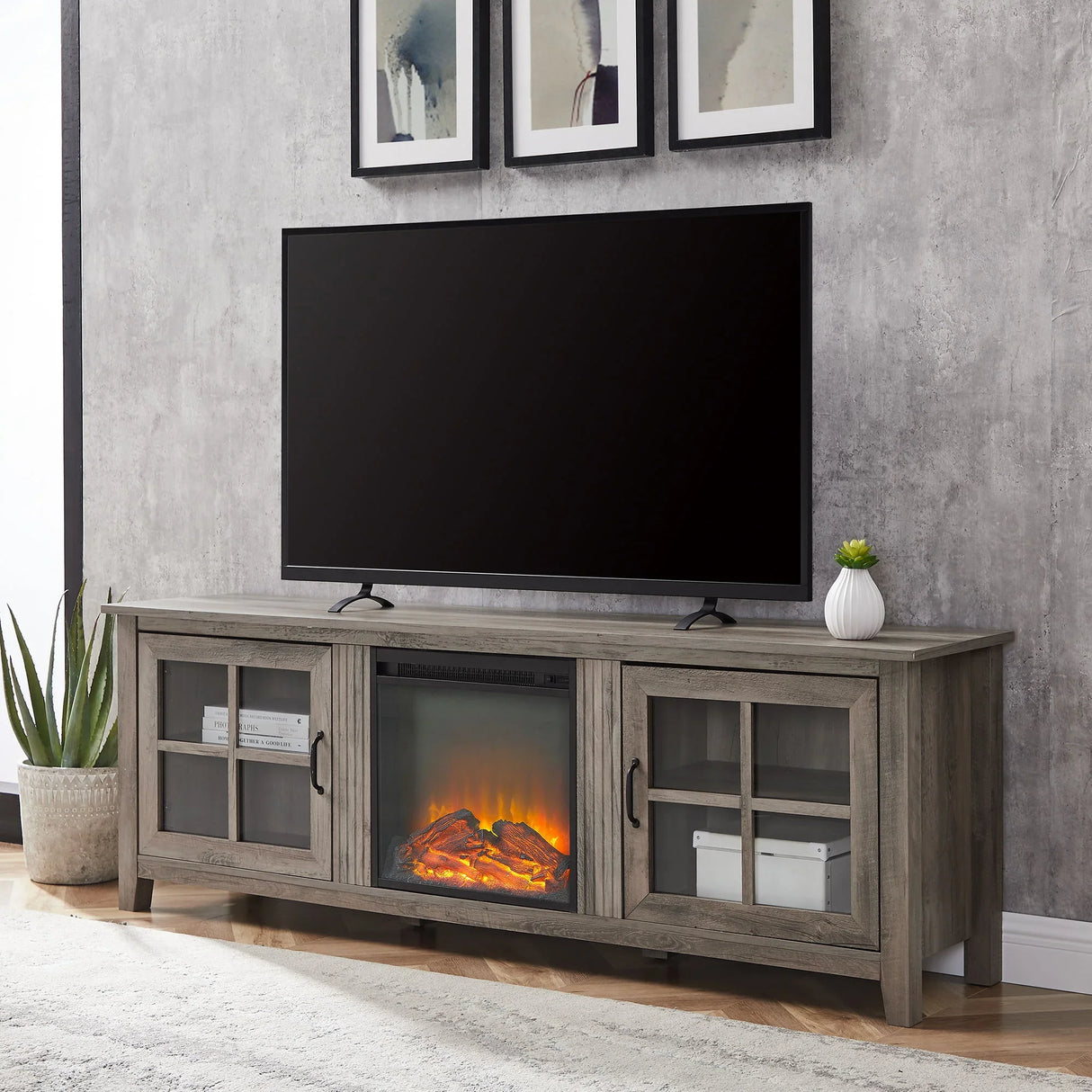 Modern Farmhouse 2 Door Glass Windowpane 70" TV Stand For 80" TVs - Furniture Home Direct