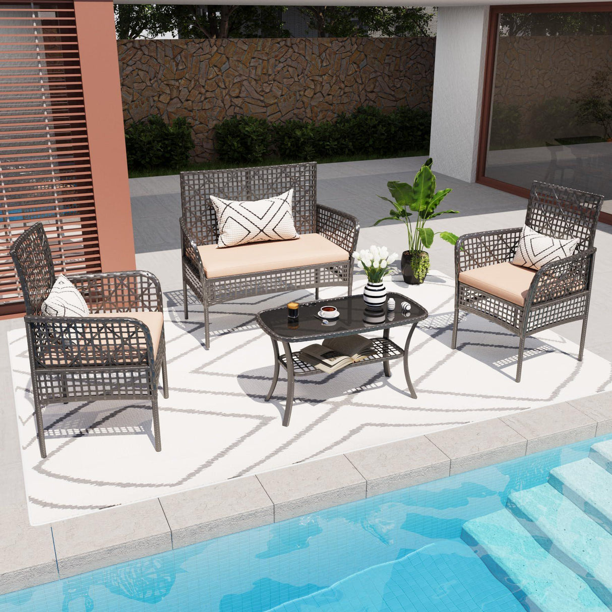 4 Pieces Rattan Wicker Chairs With Tempered Glass Table And Cushions - Furniture Home Direct