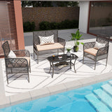 4 Pieces Rattan Wicker Chairs With Tempered Glass Table And Cushions - Furniture Home Direct