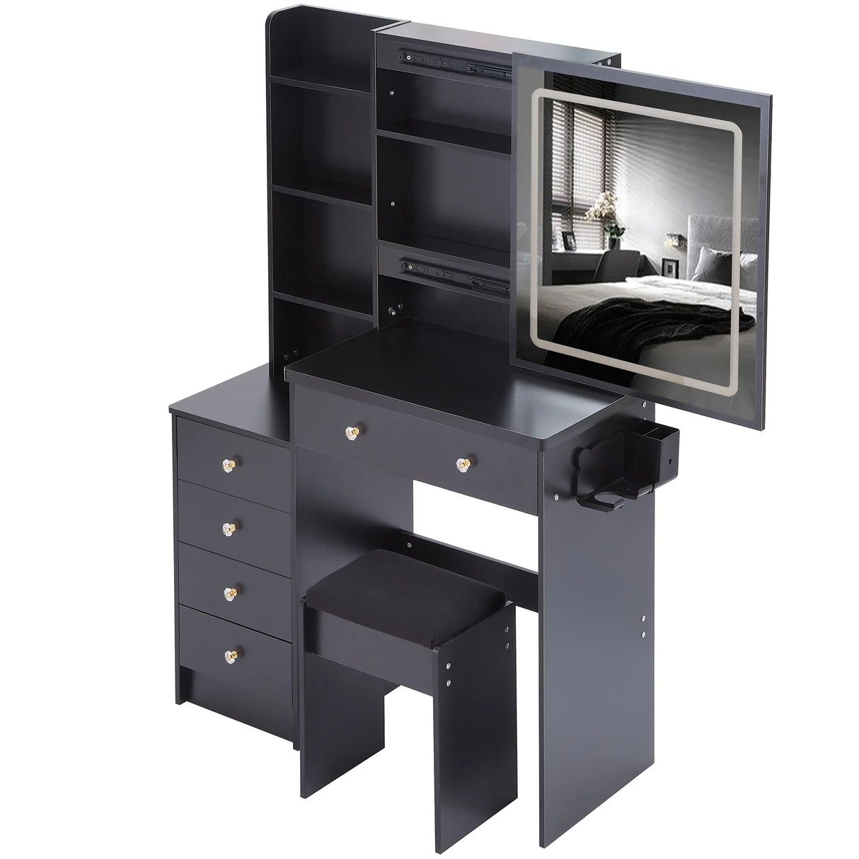 Vanity Table with Cushioned Stool Modern Finish Black - Furniture Home Direct