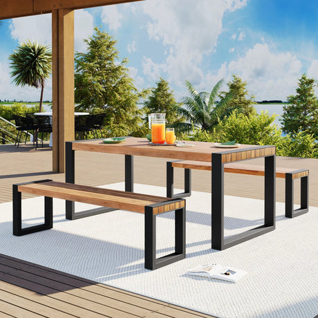 3 Pieces Outdoor Dining Table With 2 Benches, Patio Dining Set With Unique Top Texture, Acacia Wood Top & Steel Frame, All Weather Use, For Outdoor & Indoor - Natural - Furniture Home Direct