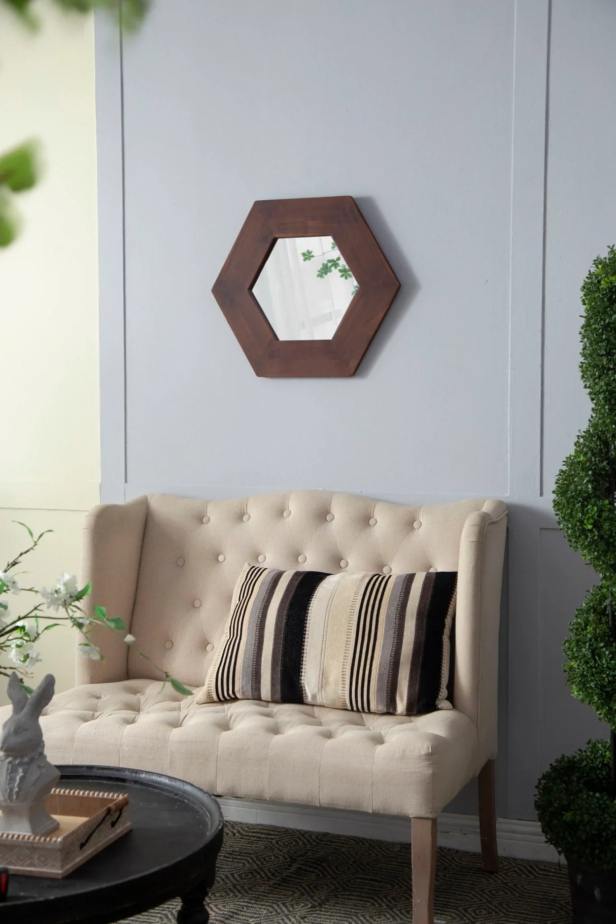 Hexagon Mirror With Natural Wood Frame, Wall Decor For Living Room Bathroom Hallway - Furniture Home Direct