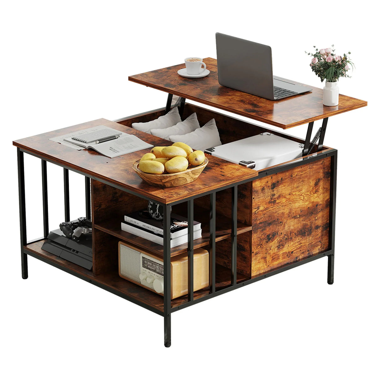 Lift Top Coffee Table With Storage, Adjustable Height Living Room - Black / Brown - Furniture Home Direct