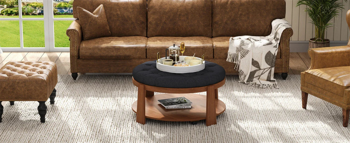 Round Ottoman Coffee Table Oversized Tufted Wood Base Black - Furniture Home Direct