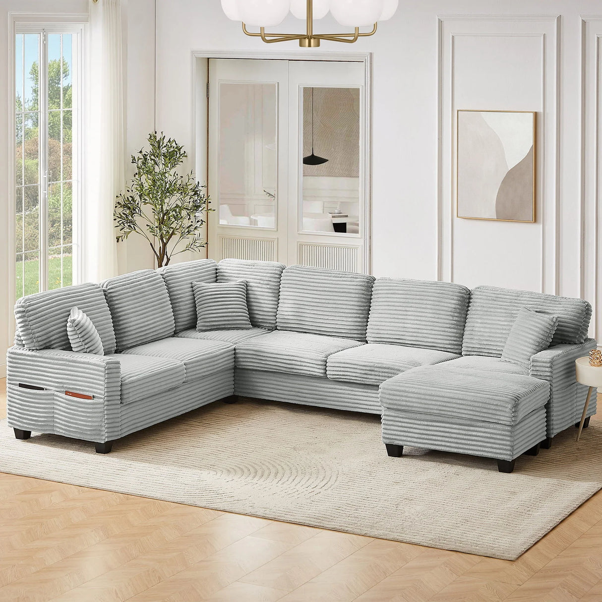 Upholstered U-Shaped Sectional Sofa With Movable Ottoman And Side Storage Pockets - Furniture Home Direct