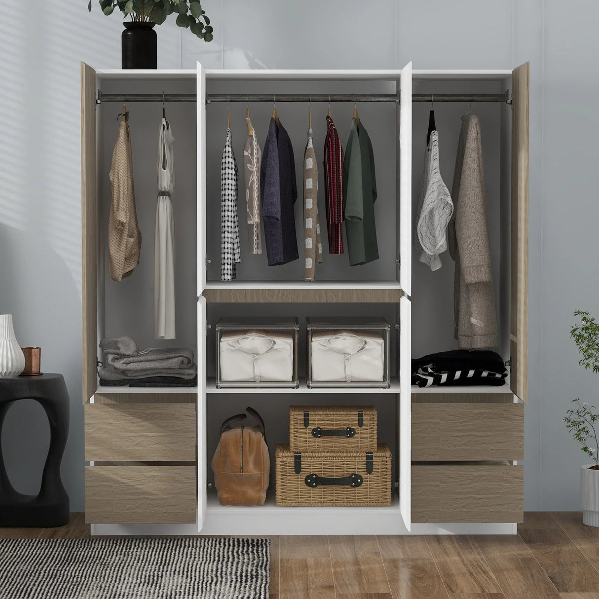 6 Doors Wardrobe Storage For Bedroom, With 4 Drawers - White / Nature - Furniture Home Direct