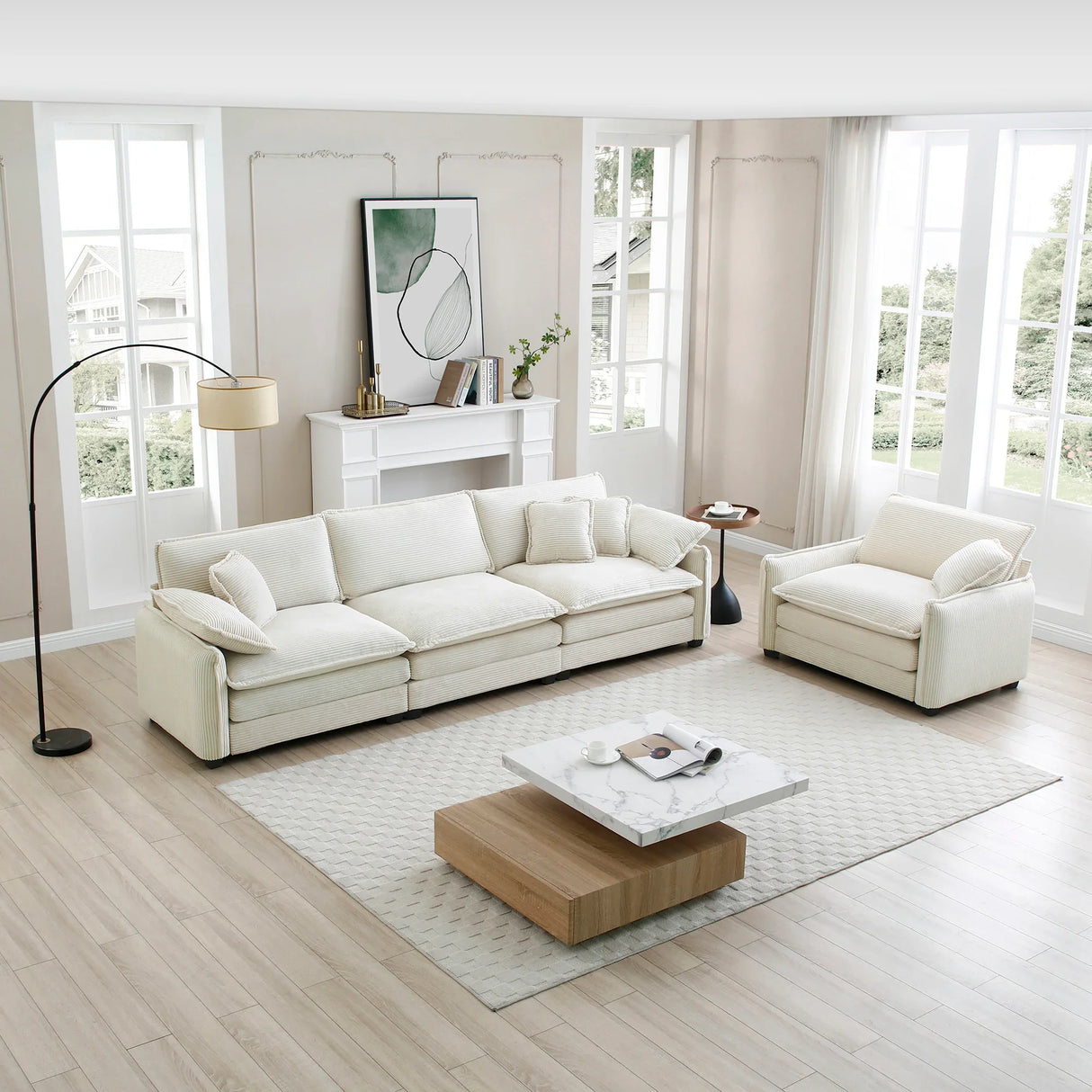 Mid-Century Modern Sofa with 4 Throw Pillows and Accent Chair, Beige Corduroy Fabric - Furniture Home Direct
