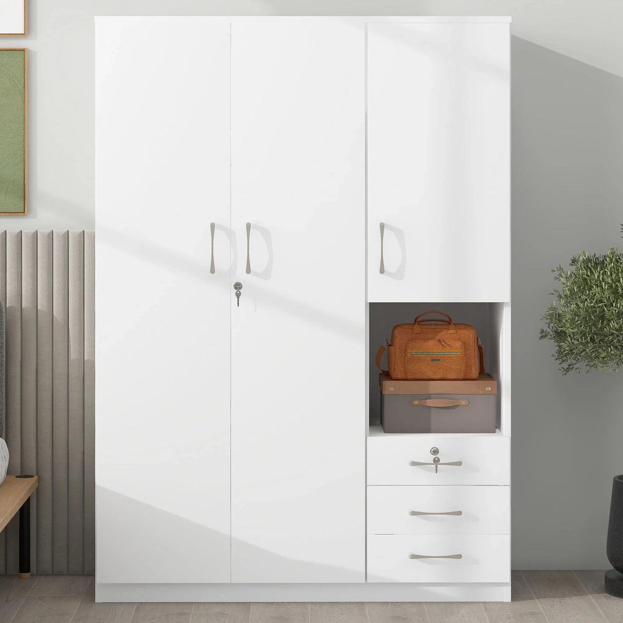 2 Doors Wardrobe Storage For Bedroom With Shelves And 3 Drawers - Furniture Home Direct