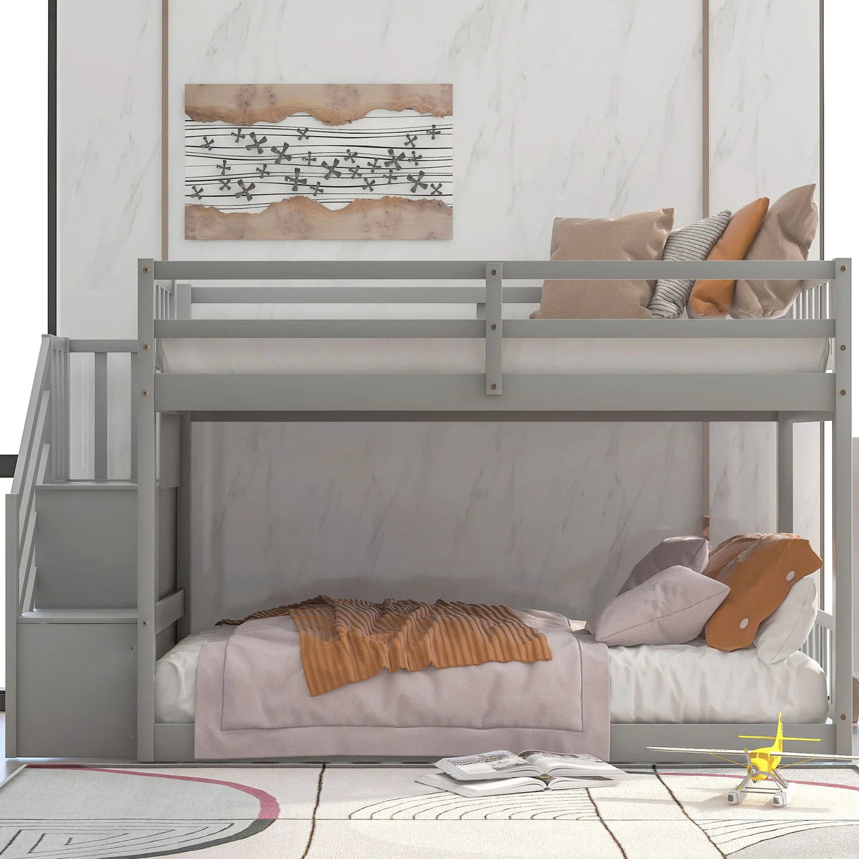 Twin Over Twin Floor Bunk Bed, Ladder With Storage - Furniture Home Direct