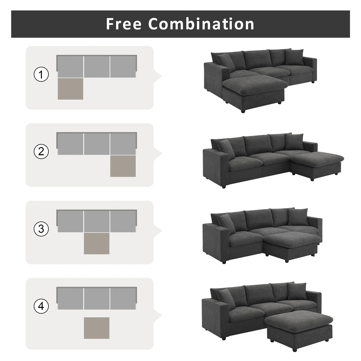 Modern Sectional Sofa, L-Shaped Couch Set With 2 Free Pillows, 4-Seat Polyester Fabric Couch Set With Convertible Ottoman For Living Room, Apartment, Office - Furniture Home Direct