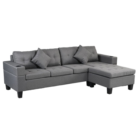 Modern Sectional Sofa Set With L Shape Chaise Lounge, Cup Holder, 4 Seat - Gray - Furniture Home Direct
