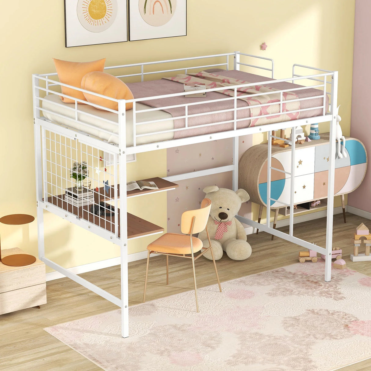 Full Loft Bed With Desk And Grid - White - Furniture Home Direct